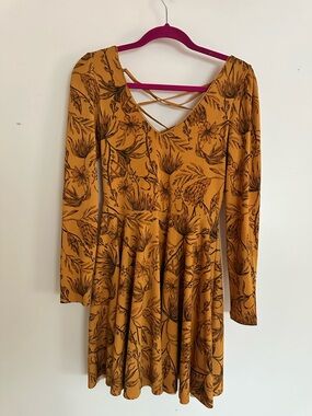 Mustard Floral Long-Sleeve Skater Dress with Crisscross Back